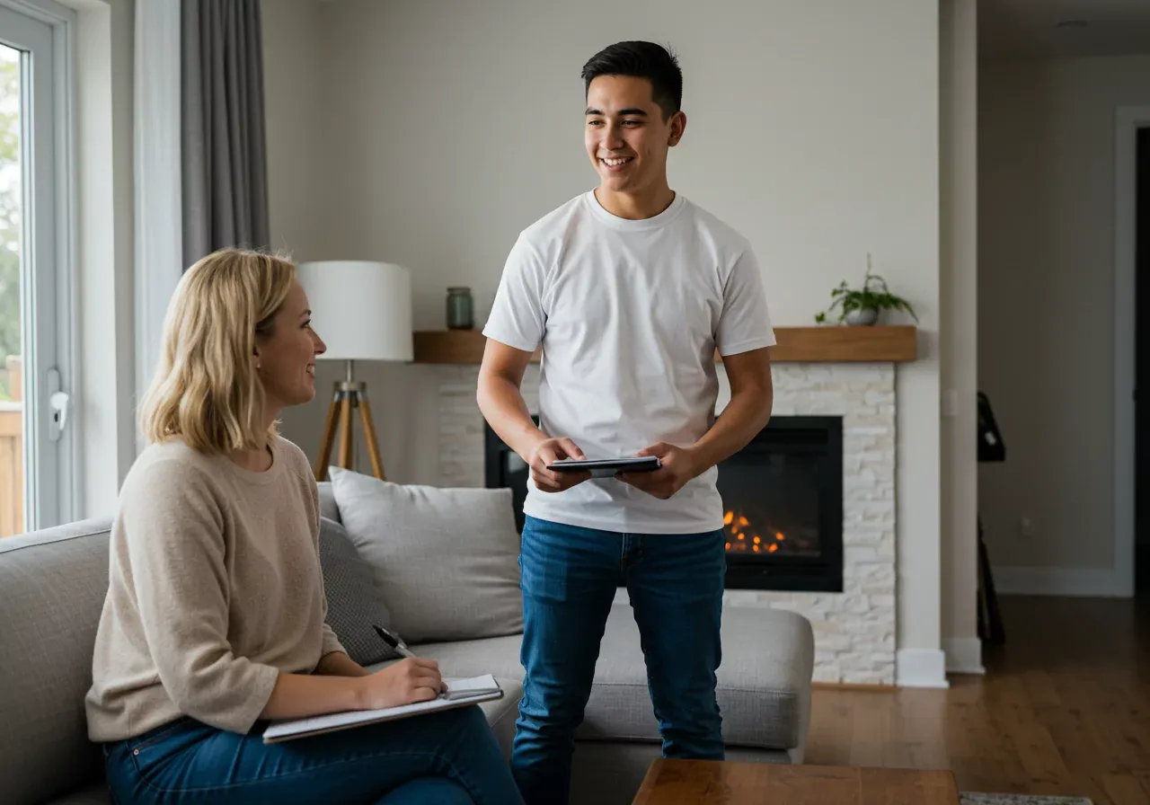 Installation tech works with customer.